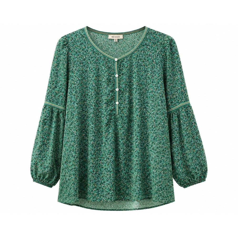Max Studio 2X Green Floral Peasant Blouse | Button Front | Balloon Sleeves